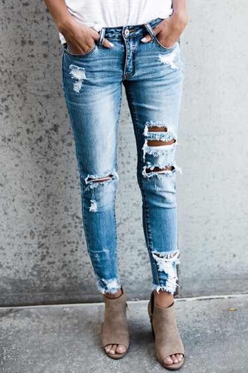 Trendy Mid Waist Broken Holes Blue Denim Jeans