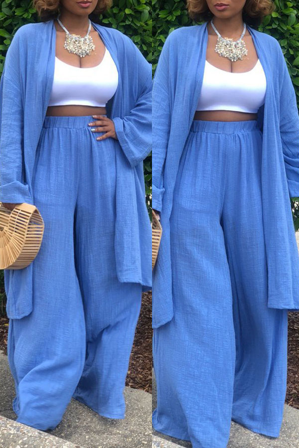 LovelyCasual Loose Blue Linen Twopiece Pants SetLovelyWholesale