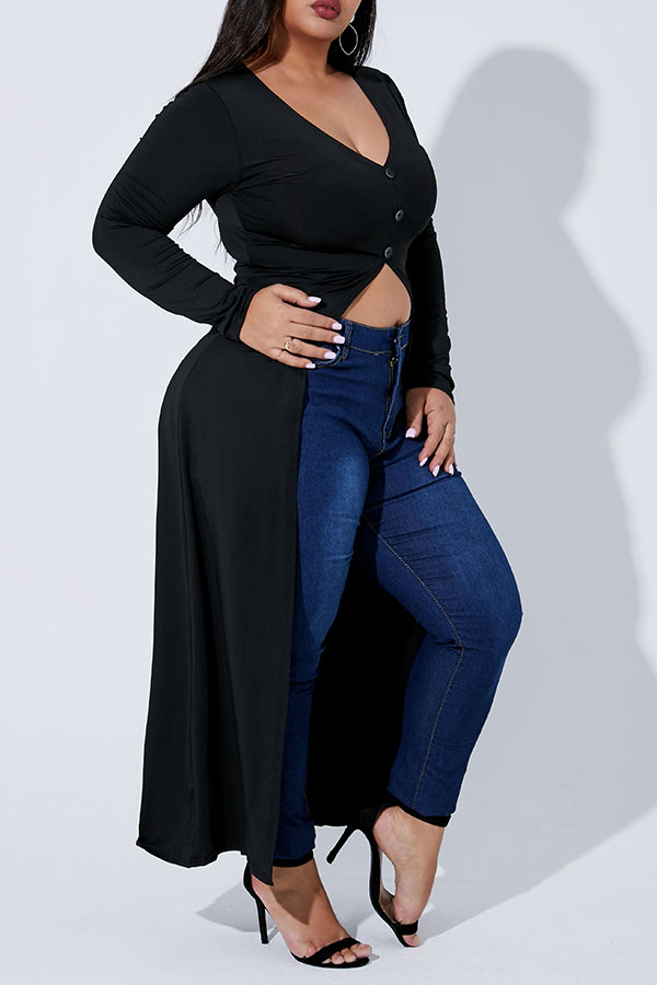 Lovely Casual Asymmetrical X Long Black Plus Size Blouselw Fashion