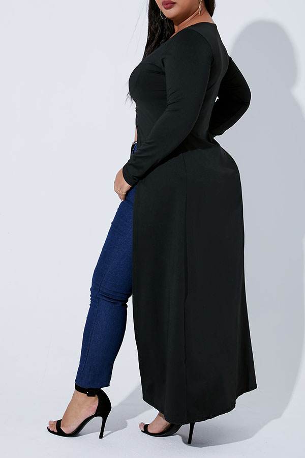 Lovely Casual Asymmetrical X Long Black Plus Size Blouselw Fashion 