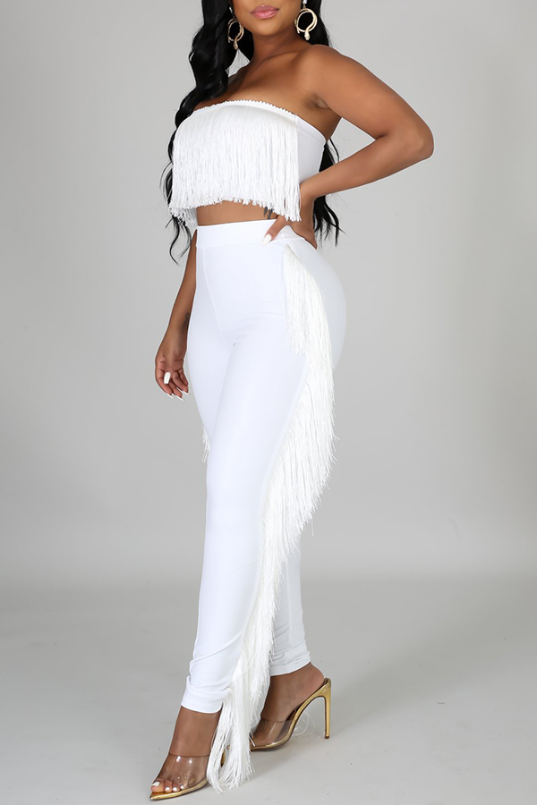 Lovely Sexy Tassel Design White Two-piece Pants SetLW | Fashion Online For Women | Affordable 