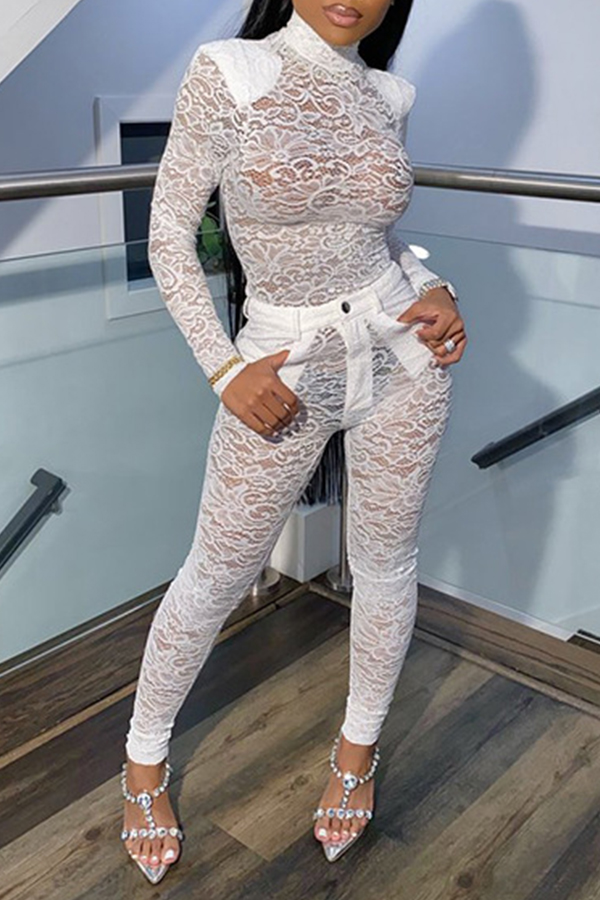 Lovely Sexy Turtleneck See Through White Two Piece Pants Setlw Fashion Online For Women 