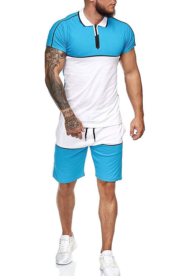 Lovely Casual Patchwork Baby Blue Twopiece Shorts SetLW Fashion