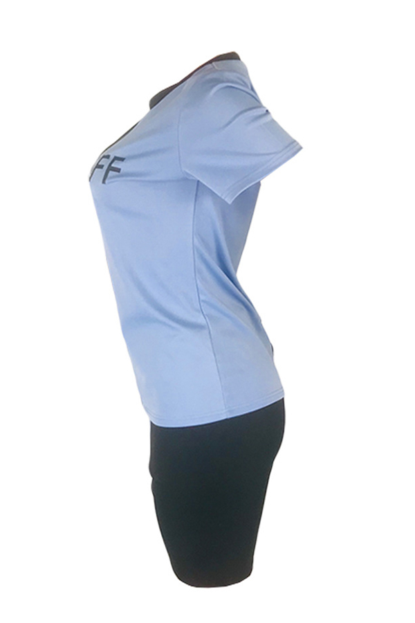 Lovely Casual Patchwork Baby Blue Twopiece Shorts SetLW Fashion