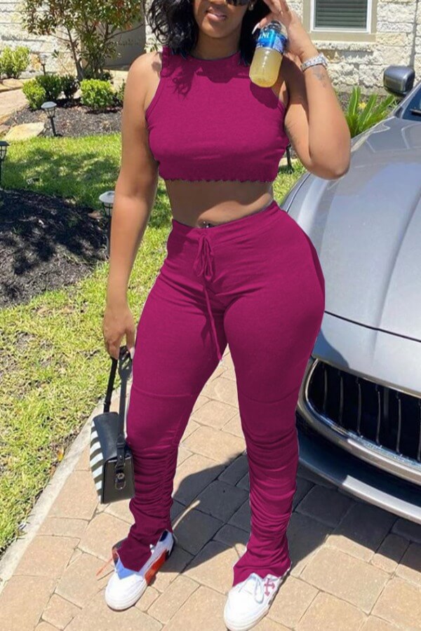 Lovely Casual Fold Design Rose Red Two-piece Pants SetLW | Fashion Online For Women | Affordable 