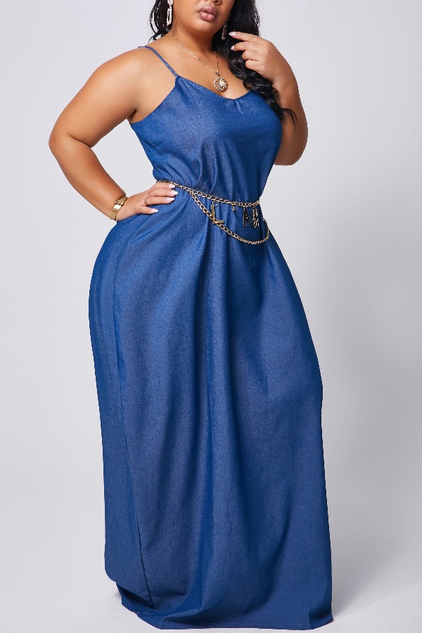 lovely Stylish V Neck Deep Maxi Plus Size Blue Denim DressLW Fashion