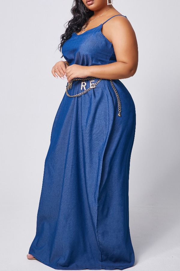 lovely Stylish V Neck Deep Maxi Plus Size Blue Denim DressLW | Fashion ...