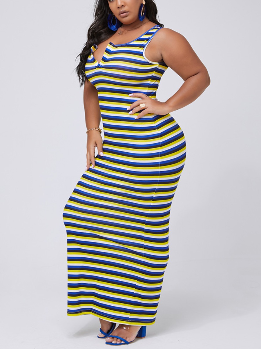 lovely Sexy Striped Blue Ankle Length Plus Size DressLW | Fashion Online For Women | Affordable 