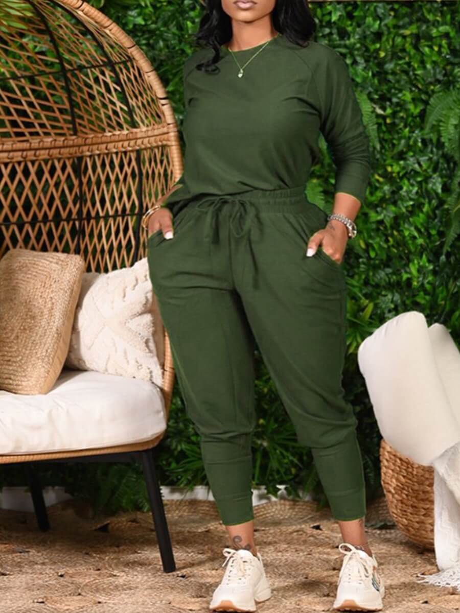 Lovely Casual O Neck Lace Up Green Plus Size Two Piece Pants Setlw Fashion Online For Women