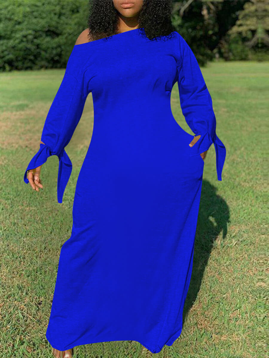 Size Casual Basic Loose Blue Maxi Dress ...
