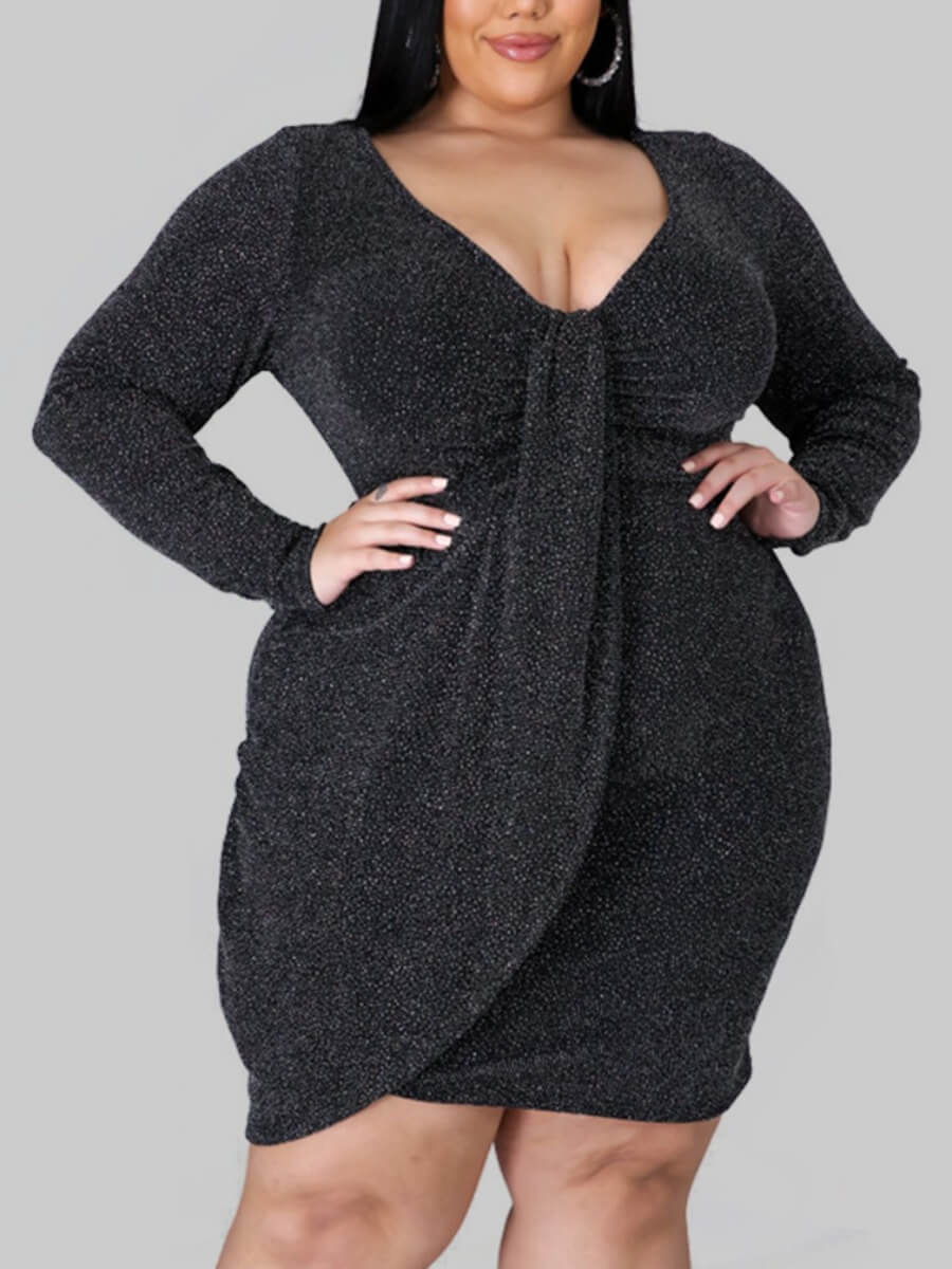 Lovely Casual V Neck Cross over Design Black Mini Plus Size DressLW 