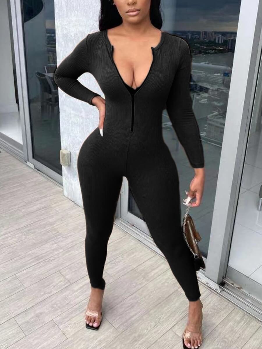 Lovely Casual Deep V Neck Black One Piece Jumpsuitlw Fashion Online