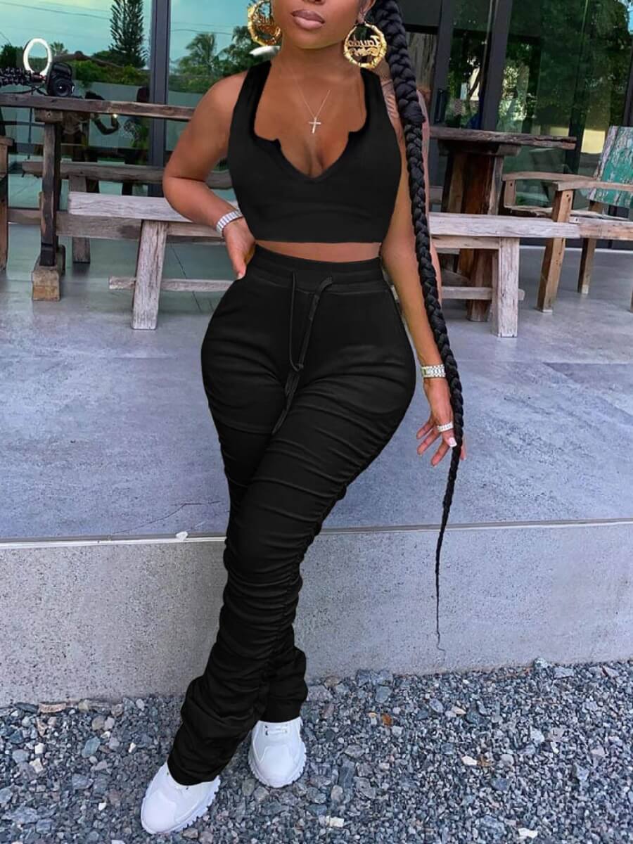 LW Casual V Neck Fold Design Black Two Piece Pants SetLW Fashion