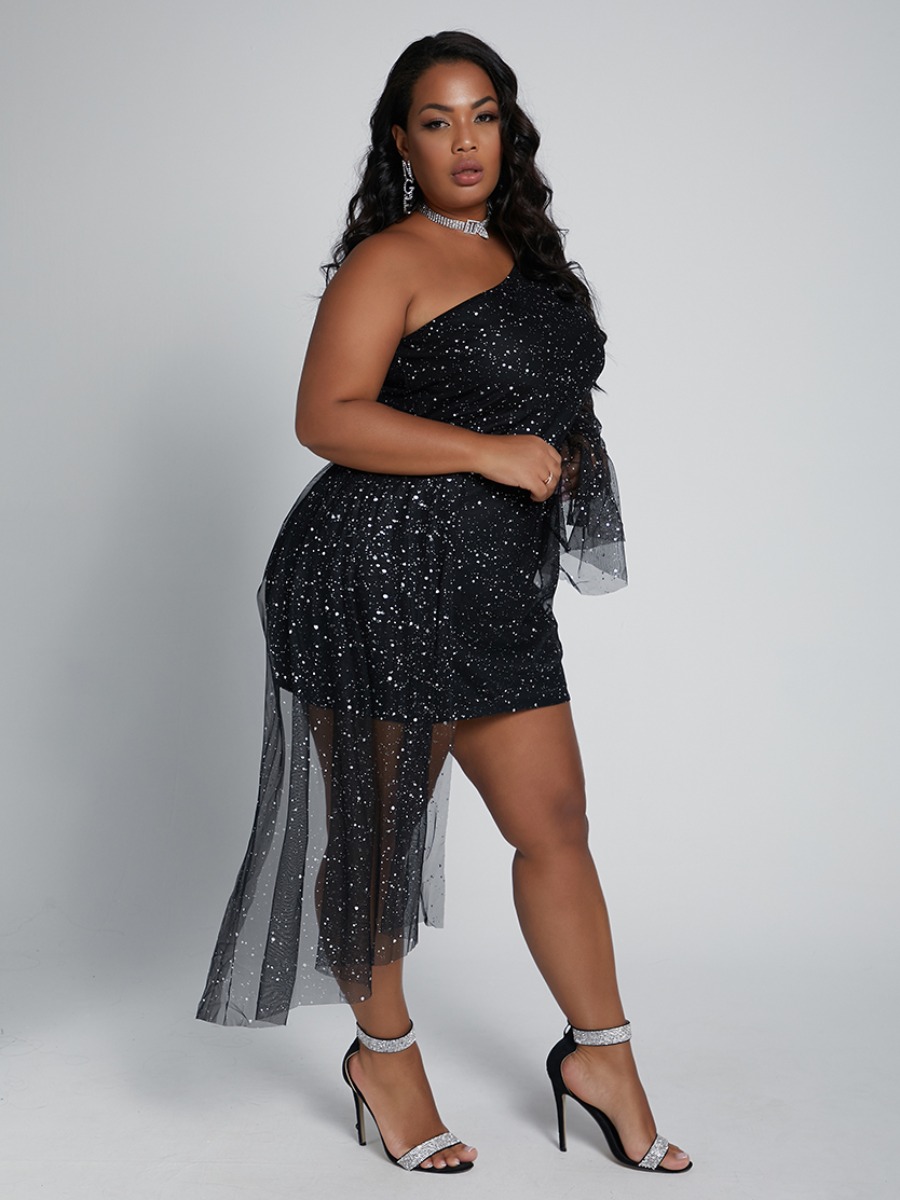 Lovely Stylish One Shoulder See-through Patchwork Black Mini Plus Size DressLW | Fashion Online 