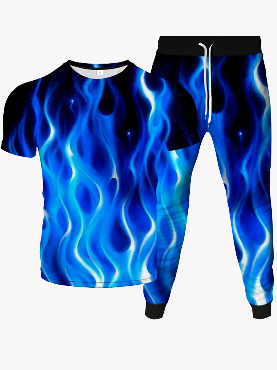 Lovely Men Street Flame Print Drawstring Blue Two Piece Pants SetLW ...
